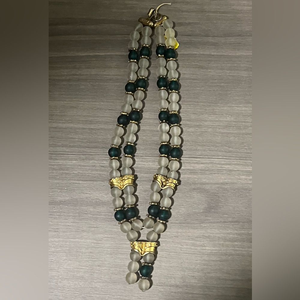 $75 FIRM Designer Green & Frosted Bead Necklace with Gold Accents